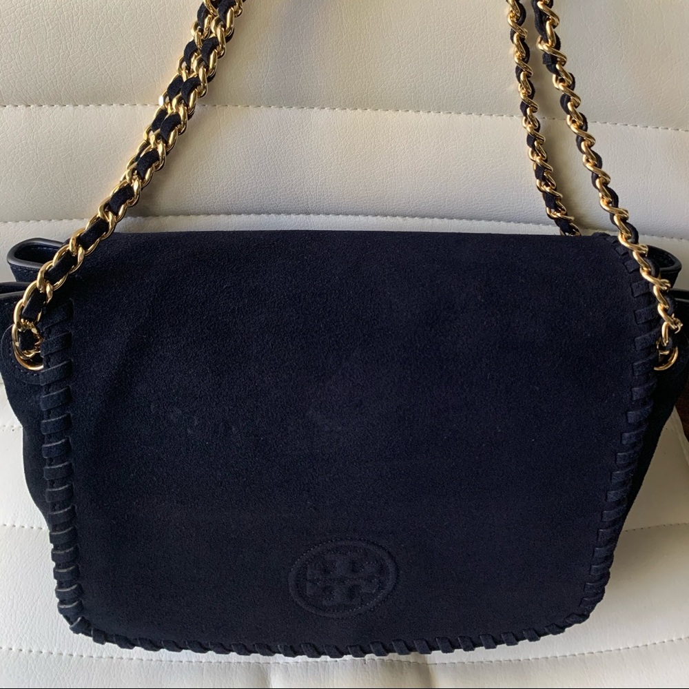 Beautiful blue suede Tory Burch Marion flap shoulder bag